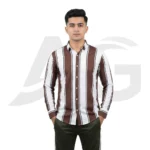 Front view of a man wearing a men's brown and white vertical broad striped long-sleeve button-down shirt.