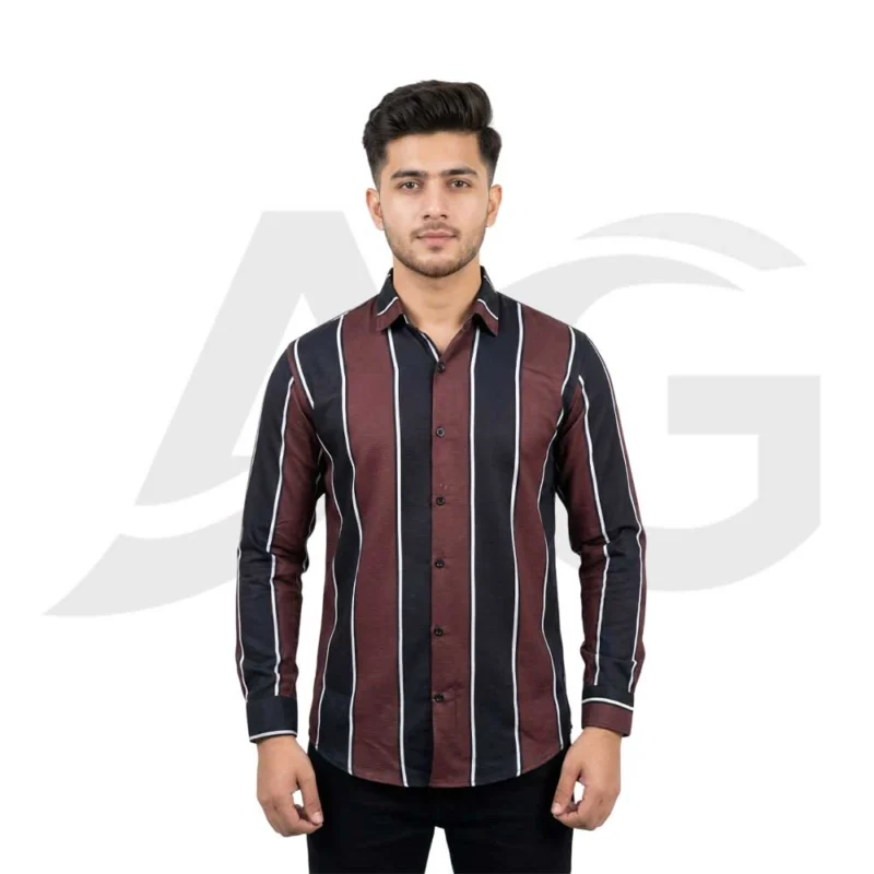 Front view of a man wearing a men's maroon and black vertical striped long-sleeve button-down shirt.
