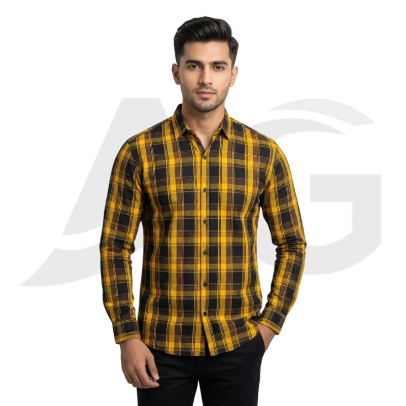 A man wearing a mustard yellow and black checkered long-sleeve button-down shirt in a slim fit style.