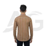 Back view of a men's brown and white vertical striped long-sleeve shirt showcasing a structured solid brown shoulder yoke.