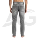 Back view of a man modeling men's faded grey drawstring denim trousers featuring classic back pockets.