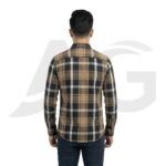 Back view of a man wearing a brown and black plaid long-sleeve shirt showing the shoulder yoke and curved hemline.