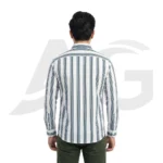 Back view of a man modeling a white and blue vertical striped shirt, highlighting the classic back yoke and tailored shoulder fit.