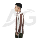 Left side view of a men's brown and white striped button-up shirt showing crisp collar and cuff details.