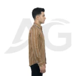 Right side profile of a male model wearing a brown and white striped long-sleeve casual shirt with a curved hem.