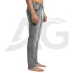 Left side profile of a man wearing comfortable men's grey stretch jeans with a drawstring waist.