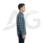 Right side profile view of a man wearing a blue and green plaid long-sleeve shirt, showcasing the sleeve fit and gently curved hemline.