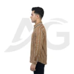 Front view of a man wearing a men's brown and white broad vertical striped long-sleeve button-down shirt paired
