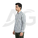 Left-facing side view of a man in a white and blue vertical striped casual shirt
