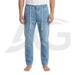 Front view of men's light blue denim jogger pants featuring an elastic waistband and long white drawstrings.