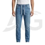 Front view of a man wearing men's blue drawstring jeans with an elastic waistband and white tie.
