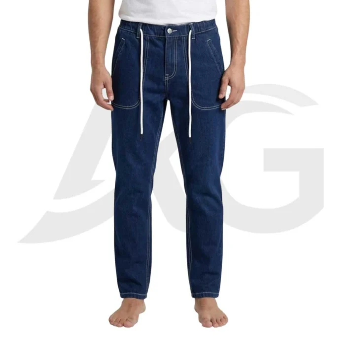 Front view of men's dark blue baggy denim joggers featuring an oversized fit, elastic waistband, and white contrast stitching.