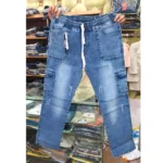 Men's casual blue denim cargo pants front view, showing elastic waistband, white drawstring, and side pockets in medium monkey wash.