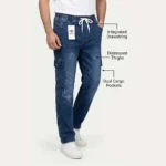 Male model wearing dark blue regular fit denim cargo pants featuring an integrated drawstring, distressed thighs, and dual cargo pockets.