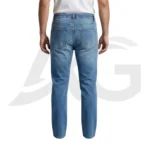 Back view of a man modeling men's blue drawstring denim trousers with classic back pockets.