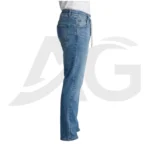 Right side profile of a man modeling casual blue drawstring jeans with a fitted waist and relaxed leg.