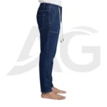 Left side view of men's dark blue baggy denim drawstring pants highlighting the loose, oversized fit and wide leg.