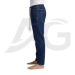 Right side view of men's dark wash baggy denim jogger pants showing the wide leg, elastic waist, and oversized drape.