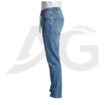Left side profile of a man wearing comfortable men's blue stretch jeans with a drawstring waist.