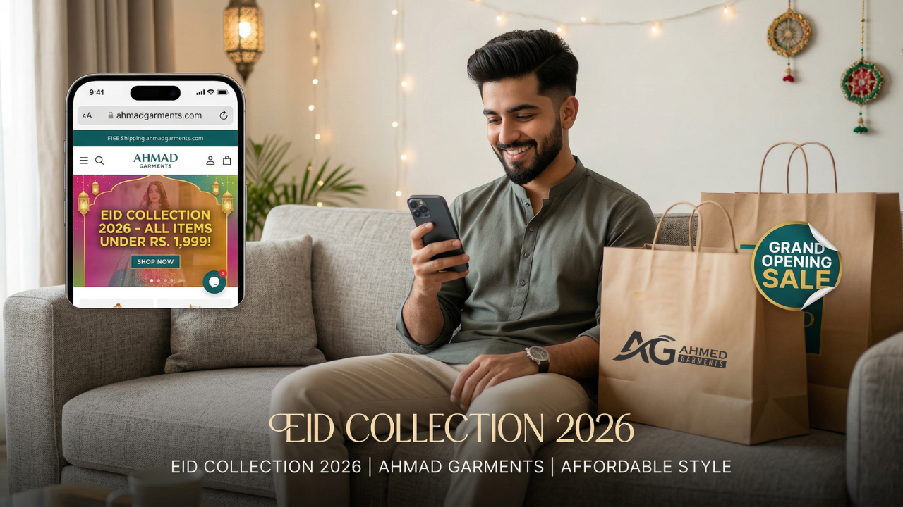 A smiling man sits on a sofa using a smartphone to browse the Ahmad Garments website, which features an "Eid Collection 2026" sale. Beside him are Ahmad Garments shopping bags with a "Grand Opening Sale" sticker.