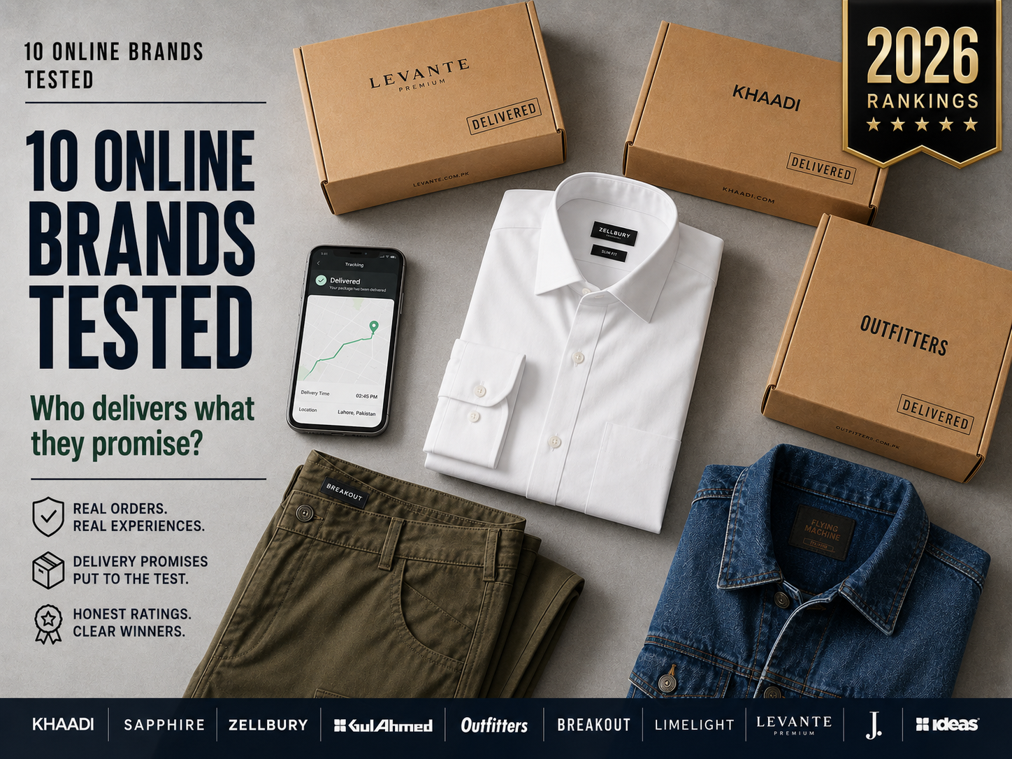 A high-angle flatlay of premium men’s fashion items on a clean gray background, featuring olive green cargo pants, a crisp white formal shirt, and a folded denim jacket beside delivery boxes stamped “Delivered” and a smartphone showing a delivery tracking map. Bold editorial text reads “10 Online Brands Tested” with a 2026 rankings badge, creating a modern Pakistani e-commerce magazine aesthetic.