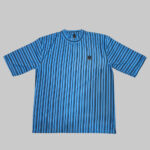 Men's summer track suits featuring blue striped shirt with matching drawstring trousers