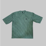 Premium green striped night suit for men with round neck T-shirt and drawstring trousers made from soft breathable cotton fabric.