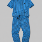 Men's summer track suits featuring blue striped shirt with matching drawstring trousers