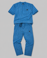 Men's summer track suits featuring blue striped shirt with matching drawstring trousers