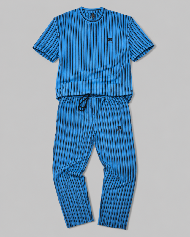 Men's summer track suits featuring blue striped shirt with matching drawstring trousers