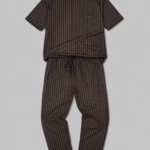 Men's brown co ord set with striped shirt and matching casual trousers