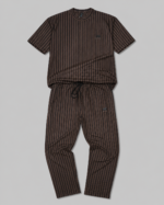 Men's brown co ord set with striped shirt and matching casual trousers