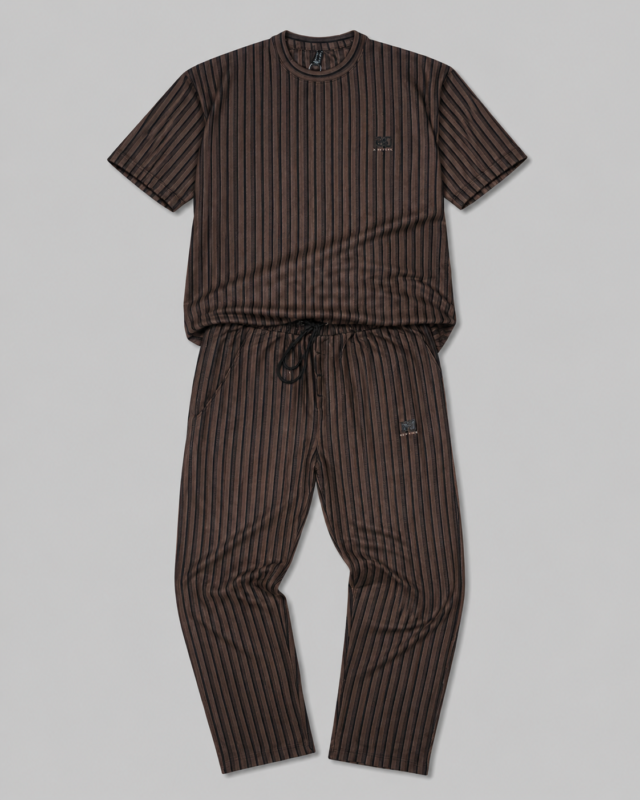 Men's brown co ord set with striped shirt and matching casual trousers
