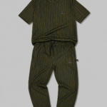 Men's olive green tracksuit with striped cotton t-shirt and matching trousers