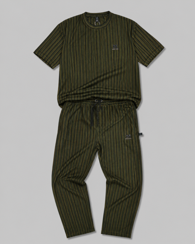 Men's olive green tracksuit with striped cotton t-shirt and matching trousers