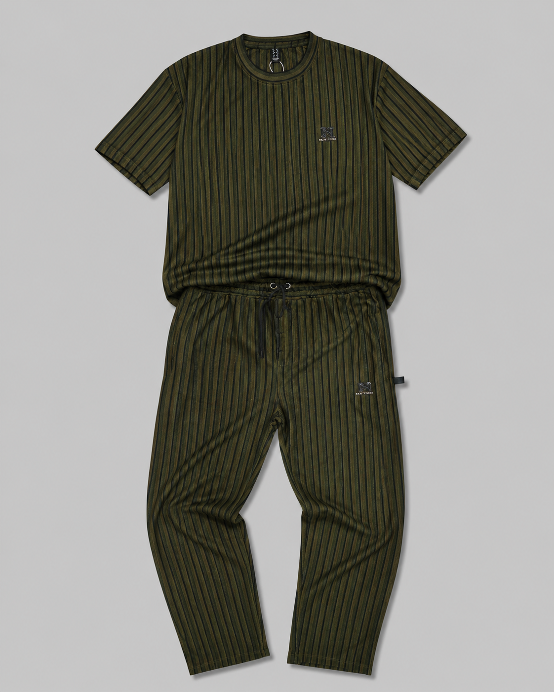 Men's olive green tracksuit with striped cotton t-shirt and matching trousers