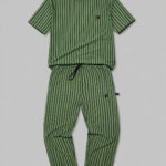 Premium green striped night suit for men with round neck T-shirt and drawstring trousers made from soft breathable cotton fabric.