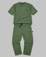 Premium green striped night suit for men with round neck T-shirt and drawstring trousers made from soft breathable cotton fabric.