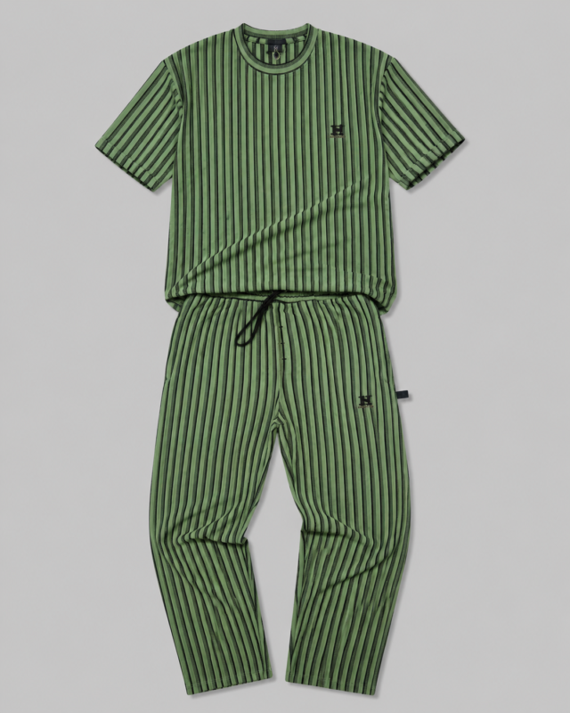 Premium green striped night suit for men with round neck T-shirt and drawstring trousers made from soft breathable cotton fabric.