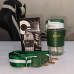 570ml green glass water bottle with protective sleeve and adjustable strap