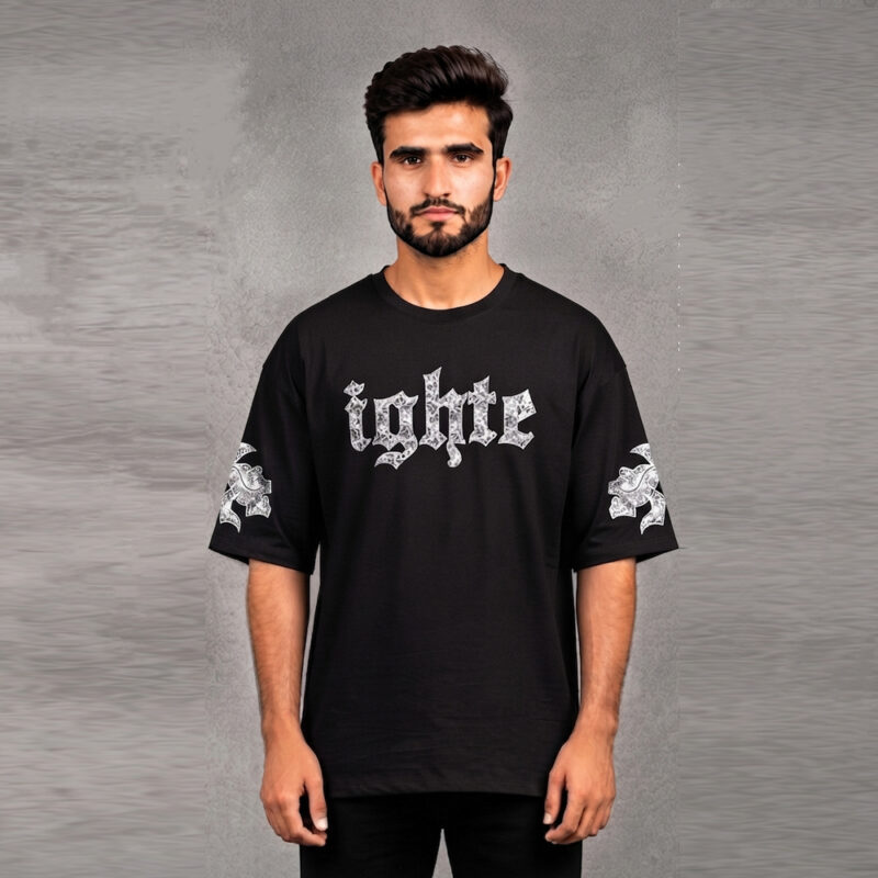 Black Fighter graphic t-shirt for men with drop shoulder fit