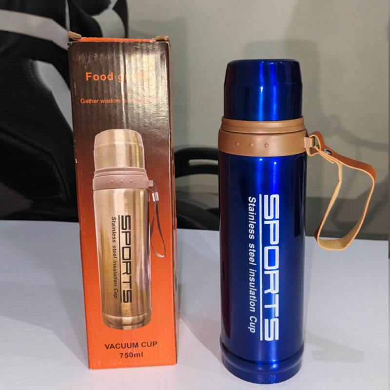Navy blue stainless steel vacuum flask 750ml with tan carry strap