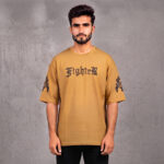 Mustard drop shoulder shirt for men with Fighter graphic