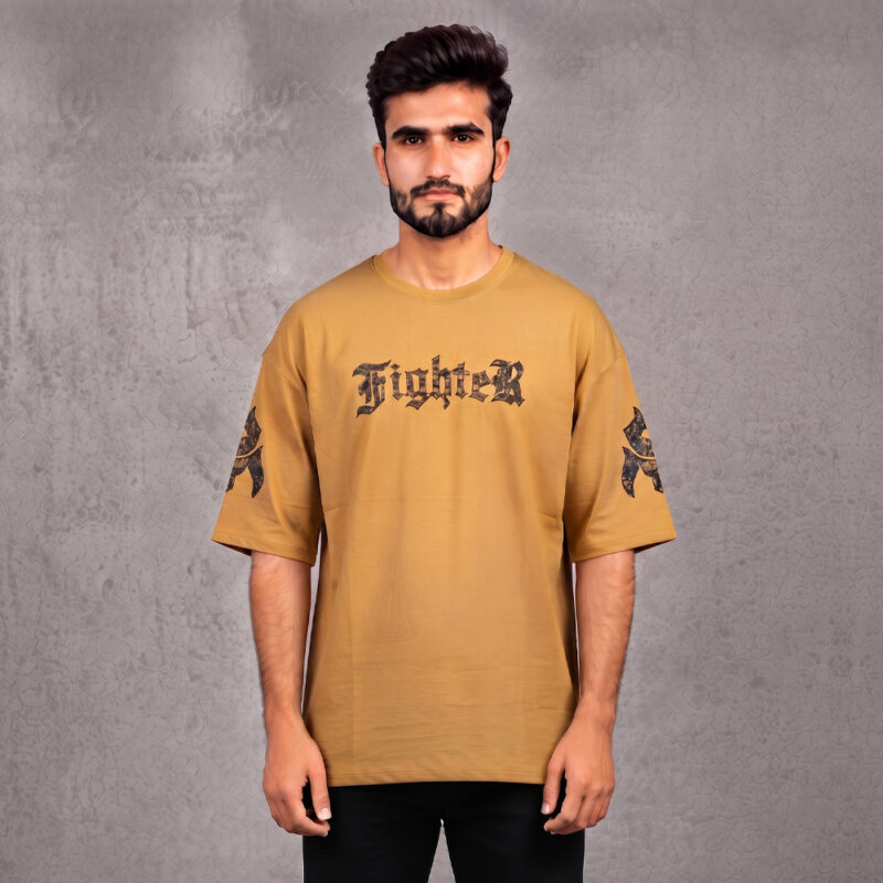 Mustard drop shoulder shirt for men with Fighter graphic