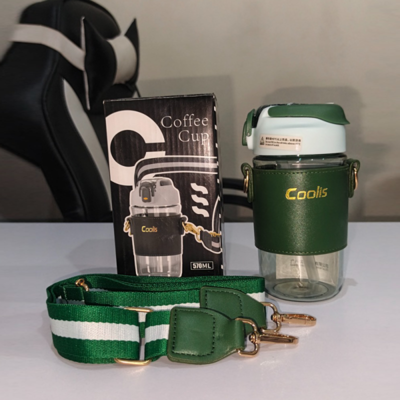 570ml green glass water bottle with protective sleeve and adjustable strap