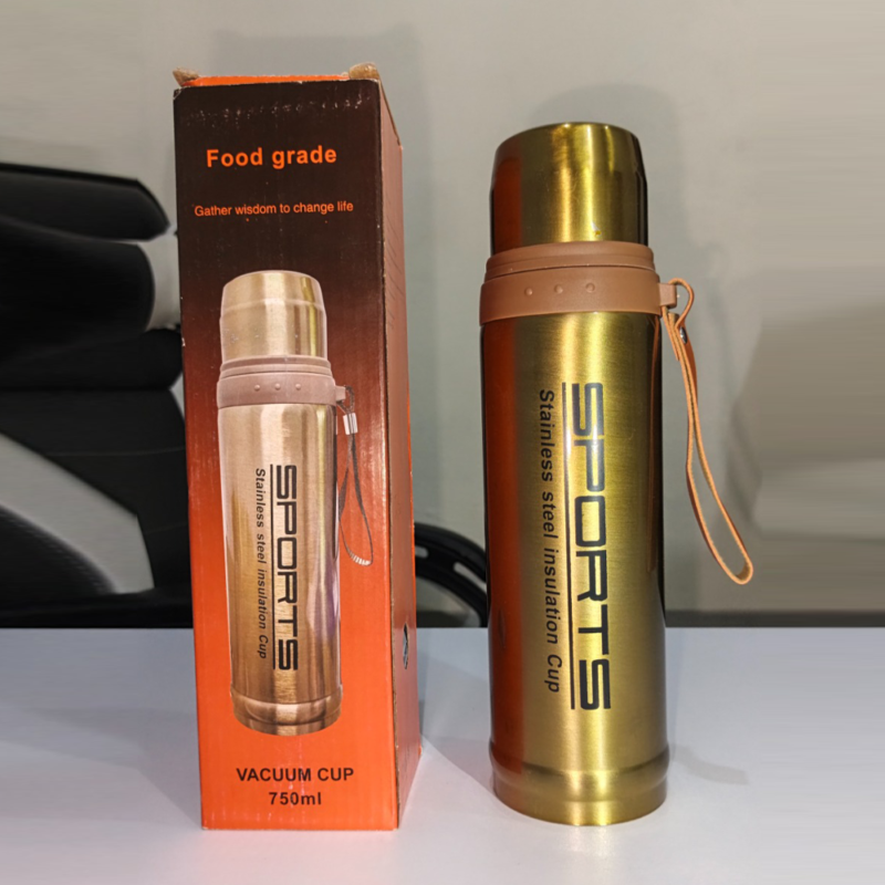 Gold stainless steel insulated thermos 750ml with tan carry strap
