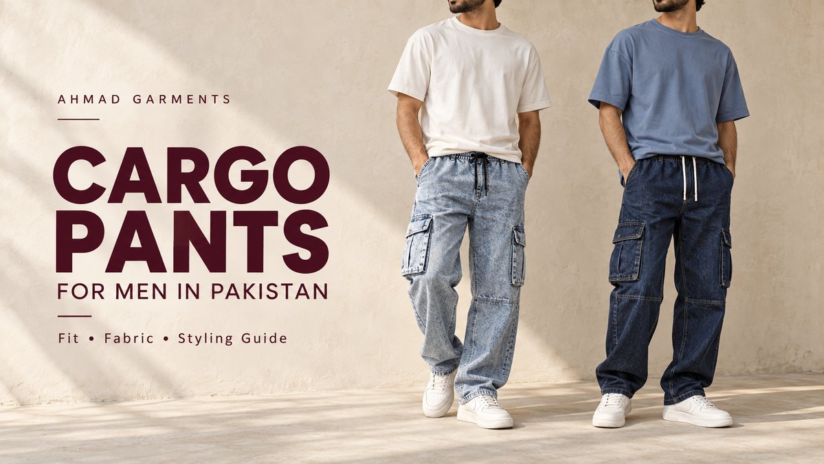 Two male models wearing light blue and dark blue denim cargo pants with casual T-shirts.